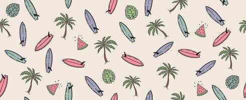 Summer pattern with wave, tree, surfboard, hand drawn illustration. vector