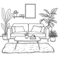 coloring book for adults. living room interior in Scandinavian style. black and white illustration in sketch style. vector