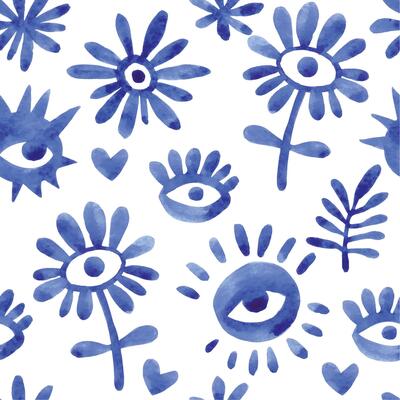 watercolor illustration, abstract blue seamless pattern with modern ornaments, eyes and flowers.