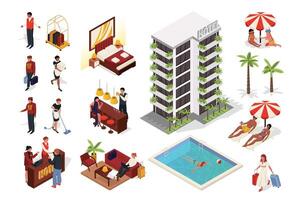 Hotel service 3d isometric mega set in flat design. Collection isometry elements of building, apartment rooms, bedroom, reception desk, pool, administrator, maid, client, other. illustration. vector