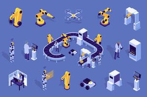 Automatic factory 3d isometric mega set in flat design. Collection isometry elements of robotic arms, robot assistance, conveyor belt, line assembling, production process, other. illustration. vector