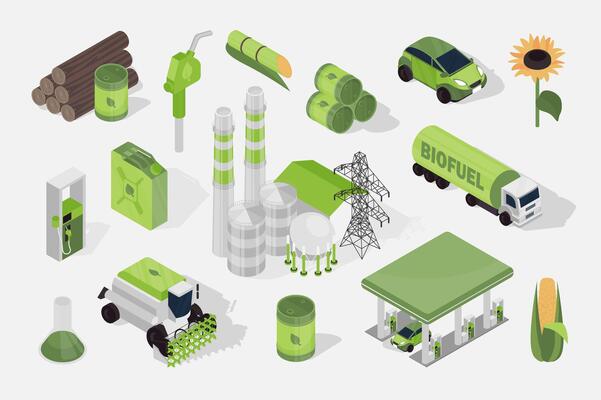Biofuel 3d isometric mega set in flat design. Collection isometry elements of renewable bio energy, sunflower, corn, factory, car station, biodiesel canister, barrels, other. illustration.