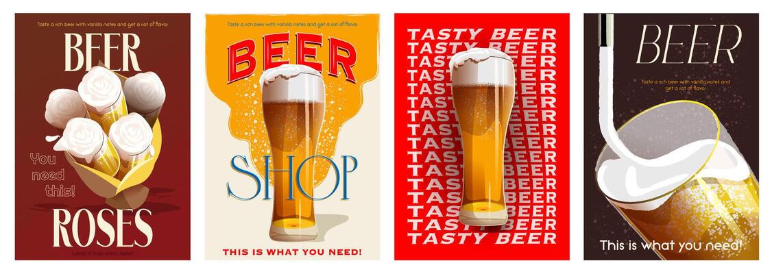 Beer cover typography template for advertising design. Food posters and greeting cards with brewery beverage in glass cups, pouring lager in mug, wheat alcohol drink with foam. illustration.