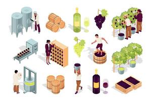 Winery 3d isometric mega set in flat design. Collection isometry elements of wine bottles, wineglass, grape crop, production, manufacture process, beverage producer, vine, other. illustration. vector