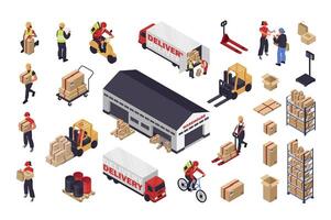 Delivery 3d isometric mega set in flat design. Collection isometry elements of operators, workers with parcel boxes, couriers, packaging, warehouse, truck transportation, other. illustration. vector