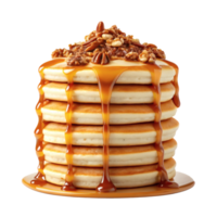 A stack of pancakes topped with caramel syrup and nuts, sweet breakfast concept png
