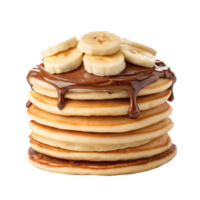 Stack of fluffy pancakes with banana slices and chocolate topping, sweet breakfast png