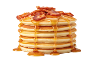 Stack of fluffy pancakes topped with crispy bacon and drizzled with golden syrup, breakfast delight png