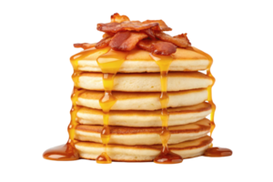 ein Stapel von flauschige Pfannkuchen gekrönt mit knusprig Speck, nieselt mit golden Sirup. Konzept von nachsichtig Frühstück png