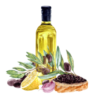 Aquarelle illustration of ingredients for Tapenade souce png