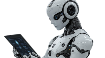 Robot Uses Tablet, AI Tech, Futuristic Design, Transparent Background png