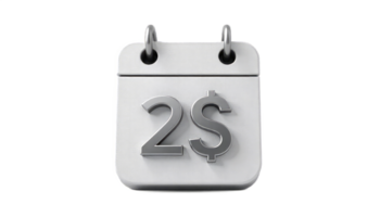 Two Dollars on a Calendar. A 3D Render of a Desk Calendar Displaying Two Dollars png