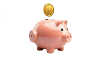 Bitcoin Investment Savings. A Piggy Bank and Cryptocurrency Coin png