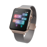 Sleek Rose Gold Smartwatch with Gray Band Displaying Notifications and Media Controls png