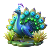 Vibrant 3D Render of a Cartoon Peacock Displaying its Colorful Plumage in a Lush Green Setting png