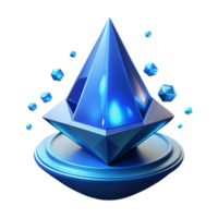 Stunning 3D Render of a Blue Crystal Gemstone on a Platform with Floating Crystals png