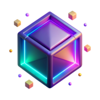 Neon Glowing Cube with Floating Shapes Abstract 3D Render png