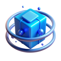 Abstract 3D Rendering Blue Cube with Orbiting Rings and Spheres png
