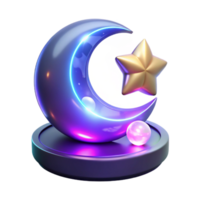 3D Render of Crescent Moon and Star Icon Neon Glowing Abstract Background Design png