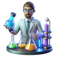 3D Illustration of a Scientist in a Lab Setting with Various Chemical Equipment and Flasks png