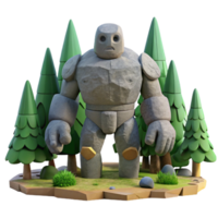 Stone Golem 3D Render Illustration Surrounded by Stylized Evergreen Trees in a Cartoonish Forest Setting png