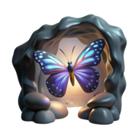 3D Render of a Luminous Butterfly Emerging from a Stone Cave Illustration png