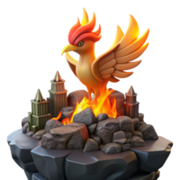 3D Render of a Mythical Firebird Atop a Volcanic Rock Formation with Miniature Castles png