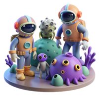 Adorable 3D Render of Astronauts Exploring a Whimsical Alien Planet with Colorful Creatures png