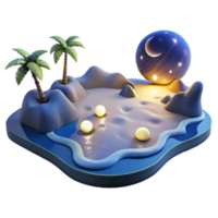 Enchanted Island 3D Render A Nighttime Tropical Paradise with Glowing Celestial Sphere and Palm Trees png