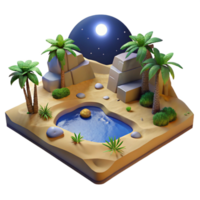 Nocturnal Oasis 3D Render of Desert Island with Palm Trees and Pool Under Moonlight png