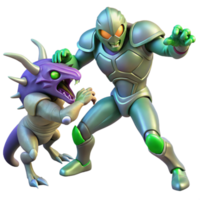 Dynamic 3D Illustration of a Robotic Creature Confronting a Metallic Armored Figure png