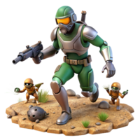 3D Illustration Futuristic Soldier Running on Desert Terrain with Two Small Robots png
