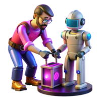 3D Illustration of a Man and Robot Collaborating on a Futuristic Device png