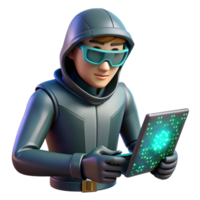 3D Illustration Mysterious Hacker Figure with Futuristic Tablet Exploring Digital Realm png