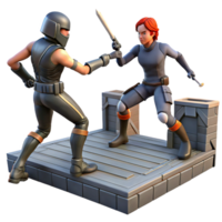 3D Illustration of a Dramatic Duel Two Figures Clad in Futuristic Armor Engage in Intense Sword Fight on a Stone Platform Action Packed Scene png