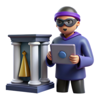 3D Render of Thief with Tablet near Columns png