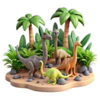 Cartoon Dinosaurs in Tropical Paradise 3D Render of Prehistoric Creatures png