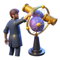 3D Illustration of a Man with a Beard Using an Ornate Celestial Globe and Telescope png