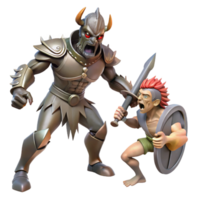 Epic 3D Render of a Mighty Armored Warrior Confronting a Brave Young Swordsman png