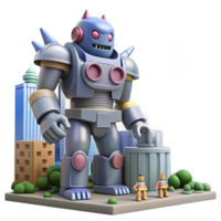 Giant Robot in Cityscape 3D Illustration A Futuristic Urban Scene with a Massive Mechanical Being and Miniature Workers png