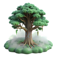 Enchanted 3D Render of a Mystical Tree Illustration Lush Green Foliage Giant Trunk Foggy Base Fantasy Nature Scene Digital Art png
