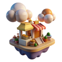 3D Render Floating Shop Illustration Cute Cartoon Style Small Store Building Cloud Background png
