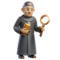 3D Monk with Scroll and Magnifying Glass Illustration png