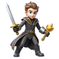 3D Render Young Mage Fantasy Character Illustration Sword and Scepter Powerful Magical Boy Dark Robe and Golden Accents png