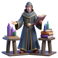3D Render Wizard with Books and Candles png