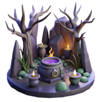 Enchanted Forest Cauldron 3D Render A Mystical Night Scene with Glowing Candles and Twisted Trees png