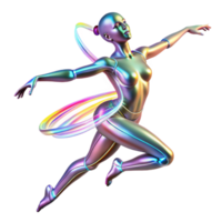 Dynamic 3D Render of a Metallic Robot Ballerina Gracefully Leaping with Rainbow Hula Hoop An Iridescent Futuristic Figure in Motion png