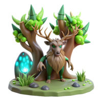 Enchanted Forest 3D Render A Mystical Deer Creature Amidst Glowing Flora and Fauna png
