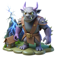 3D Render of a Minotaur near a Small House and Storm png