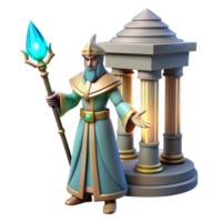 3D Render of a Wise Wizard with Staff near Temple png